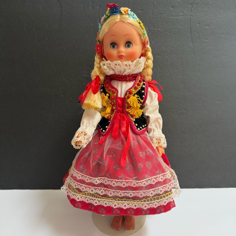 Polish Traditional Doll Krakowianka 16” Red and White Costume Folk Dress